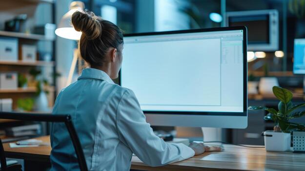 A woman in a white lab coat is sitting at a desk with a computer screen photo