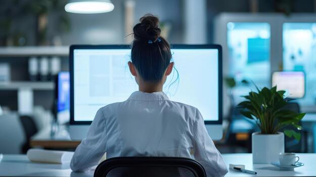 A woman in a white lab coat is sitting at a desk in front of a computer photo