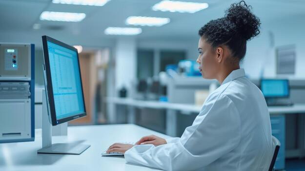 A woman in a lab coat is working on a computer photo