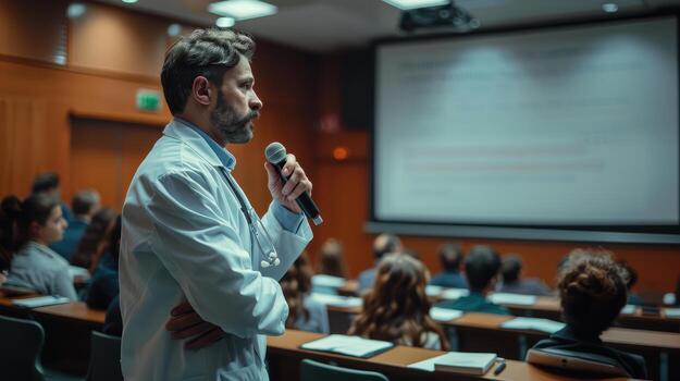 A man in a lab coat is giving a lecture photo