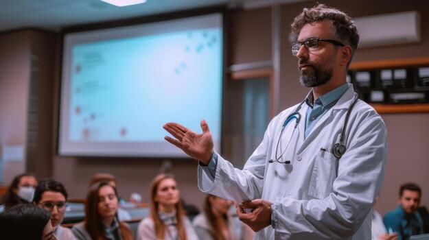 A man in a lab coat giving a lecture to a group of people photo