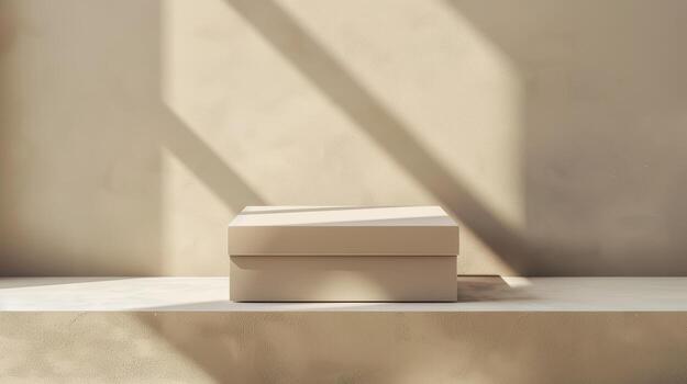 A white box sitting on a shelf in front of a window photo