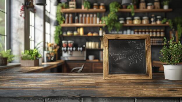 A chalkboard on a wooden countertop in front of a window photo