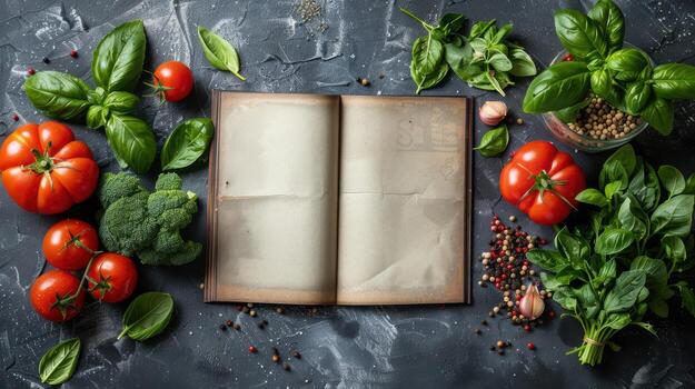 An open book surrounded by vegetables and herbs photo