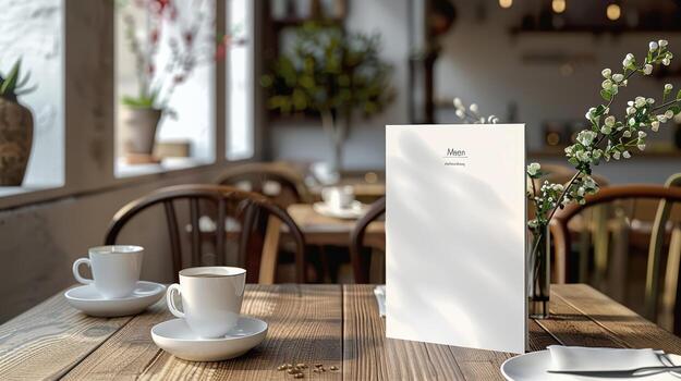A white menu is on a table in a restaurant photo