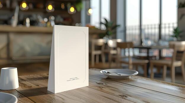 A white table with a blank menu on it photo