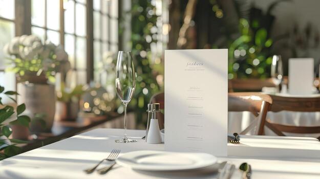 A table with a menu and wine glasses on it photo