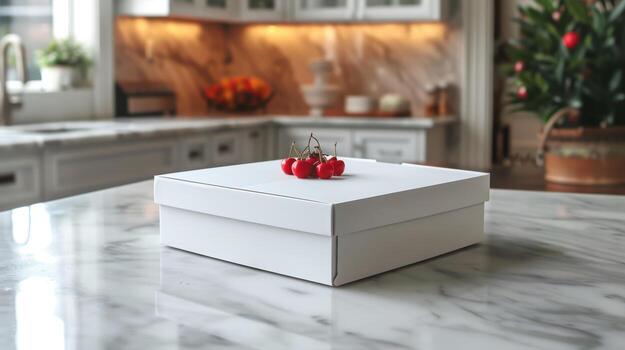 A white box with cherries sitting on top of a marble counter photo