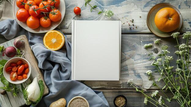 An open book with vegetables and herbs on a wooden table photo