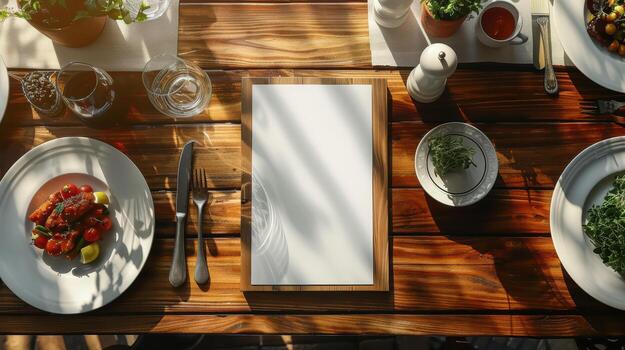 A table with a blank menu on it photo