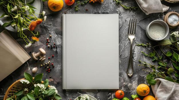 Blank white notebook with flowers and vegetables on a table photo
