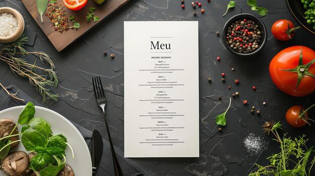 A menu is shown on a table with vegetables and herbs photo
