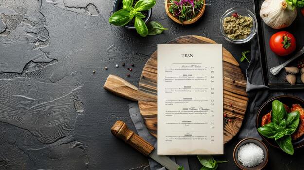 A menu with ingredients on a cutting board photo