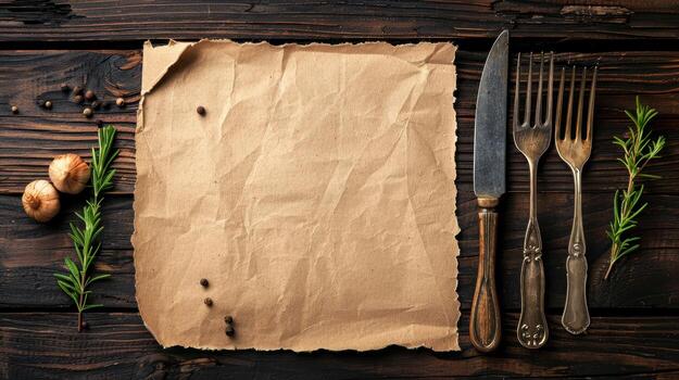 A piece of paper with a knife and fork on a wooden table photo