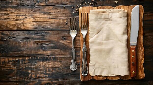 A napkin, knife and fork on a wooden table photo
