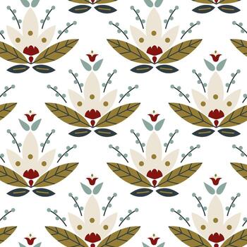 Seamless pattern with folk flower and leaves in nordic style. Elegant Scandinavian ornament with cozy rustic mood. Perfect design for fabric, wrapping paper, wallpapers and festive projects vector