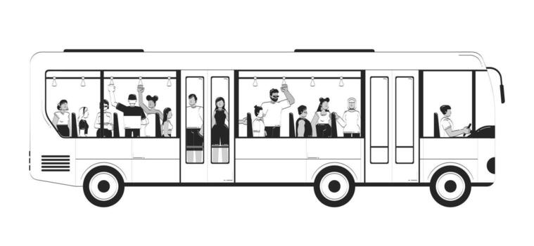 Crowded bus with passengers and driver doodle lineart illustration. Urban commuting. Diverse faceless commuters 2D line ink characters isolated on white. Monochrome outline hand-drawn vector