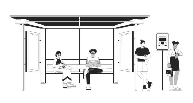 Diverse commuters waiting at bus stop doodle lineart illustration. Public busstop daily routine. Morning commuting people 2D line ink characters isolated on white. Monochrome outline hand-drawn vector