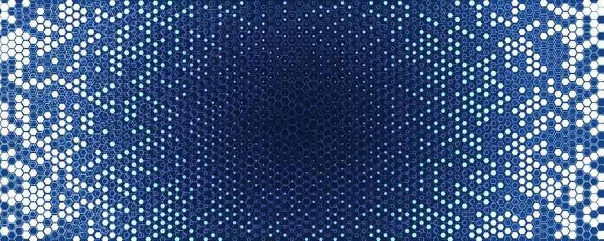 Blue White Hexagon Background Glowing Honeycomb Pattern for AI, Tech Forum, Science Medical Conference, Digital Startup Ad. Hexagonal Modern Texture. Halftone Gradient Backdrop. Abstract BG vector