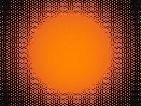Hexagon halftone radial pattern with orange red gradient texture. Warm sunny BG. Abstract radiant honeycomb background for nature banner, cover, web design, tech poster or print. illustration vector