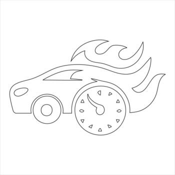 Outline of a speeding car with flames and a speedometer on a white background automobile vehicle vector