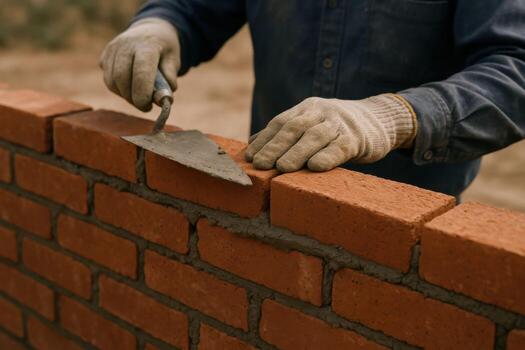 Bricklayer carefully applying mortar to build a brick wall. photo