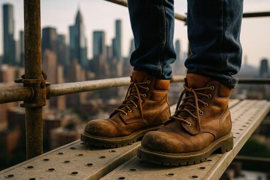 Construction worker standing on scaffolding with city skyline background. photo