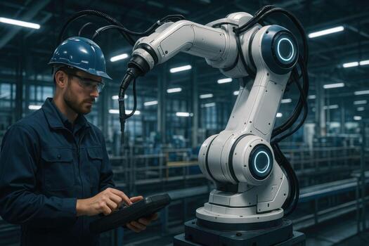 Engineer operating advanced robotic arm in a modern smart factory. photo