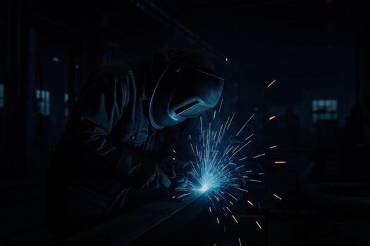 Welder working with sparks flying in a dark industrial setting. photo