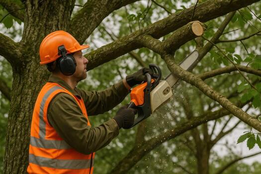Professional arborist cutting a tree branch with a chainsaw. photo