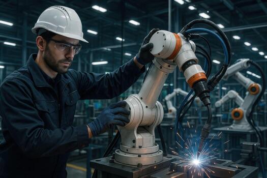 Engineer Working With Robotic Arm in Modern Factory. photo