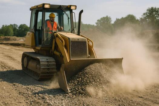 Construction Worker Operating Bulldozer on Site. photo