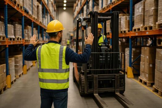 Warehouse Worker Guiding Forklift Operator in Aisle. photo