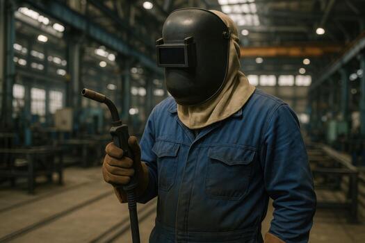 Focused Welder Ready to Work in Industrial Factory Setting. photo