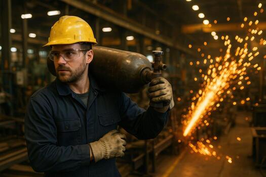 Industrial Worker Cutting Metal with a Torch in a Factory. photo