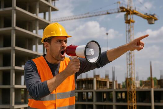 Construction Foreman Giving Orders with a Megaphone on Site. photo