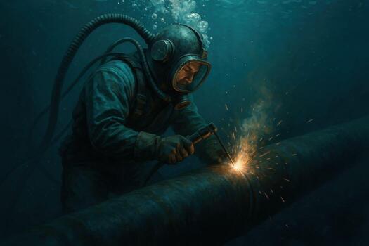 Underwater Welder Repairing Pipeline in Deep Sea Environment. photo