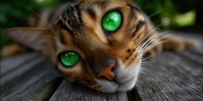 Magnificent Bengal cat with mesmerizing green eyes, relaxing on a wooden surface, captured in a close-up photo