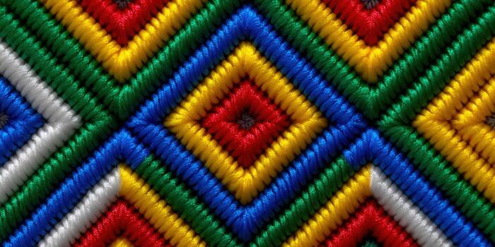 A close-up showcases a vibrant, geometric textile pattern of repeating diamonds. photo