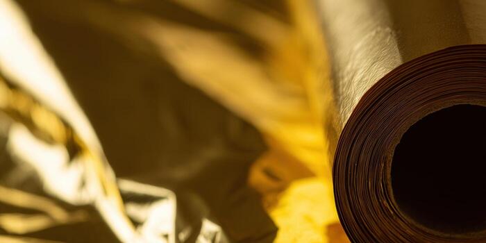 Close-up of a roll of gold foil, showcasing its texture and light reflection. photo