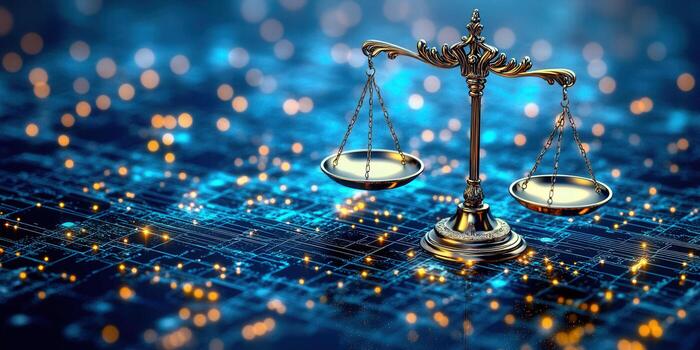 Golden balance scale over a digital circuit board, representing modern legal concepts. photo