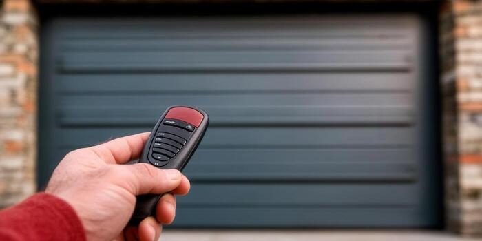 A person uses a remote to open or close a garage door for home security. photo
