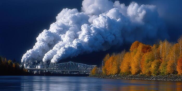 A factory spews smoke into the air near a river, with autumn trees in the foreground. photo