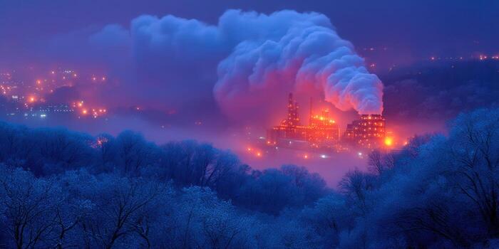 The factory at dusk, with smoke billowing into the sky, creating a sense of industrial activity. photo