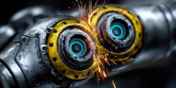 Close-up of a robotic component sparking, showcasing futuristic tech design. photo