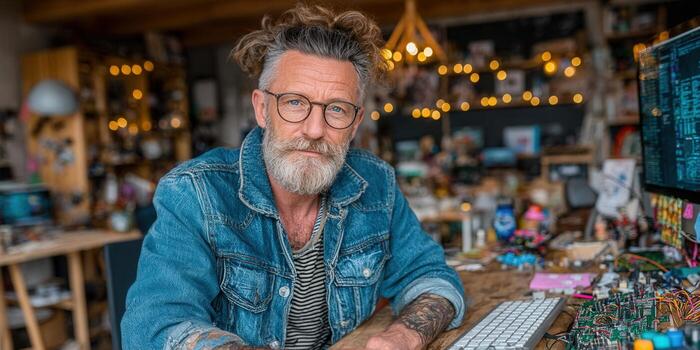 un maduro hombre con un barba y lentes trabajando a un computadora en un taller ajuste. foto