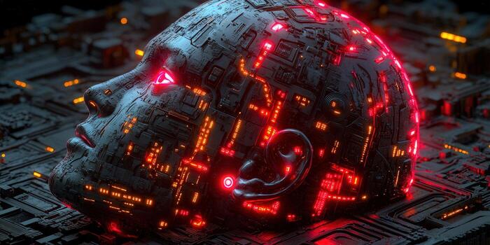 Intriguing artwork featuring a futuristic cybernetic face with glowing red circuits. photo