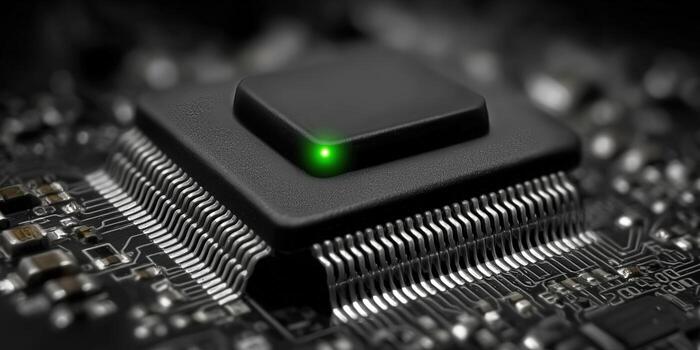 A detailed look at a computer processor with a glowing green light, representing technological advancements. photo