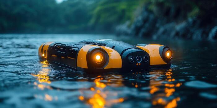 un autónomo submarino zumbido explora un tranquilo camino acuático, capturar detallado puntos de vista. foto