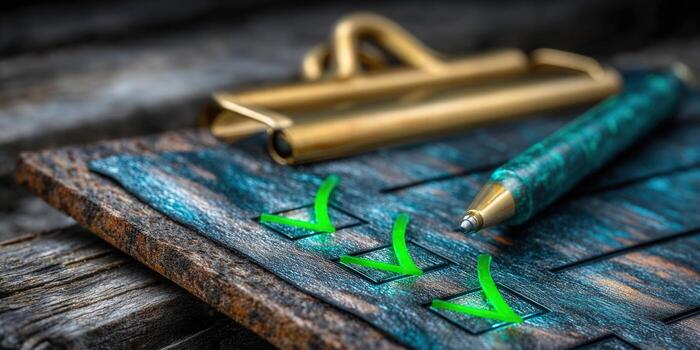 A close-up of a wooden clipboard with green checkmarks and a pen photo
